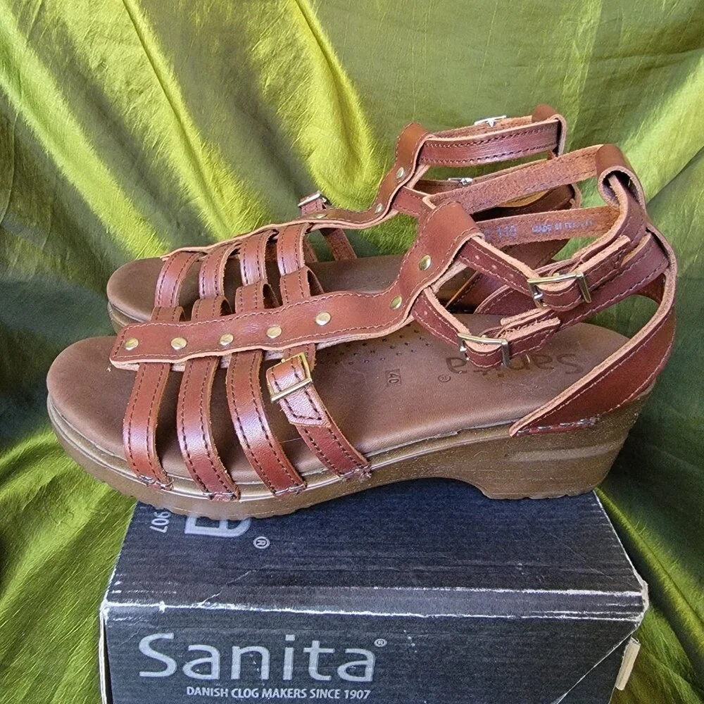 VINTAGE Sanita Aurora Brown Leather Gladiator Sandals Clog Wedge EU 40 NIB